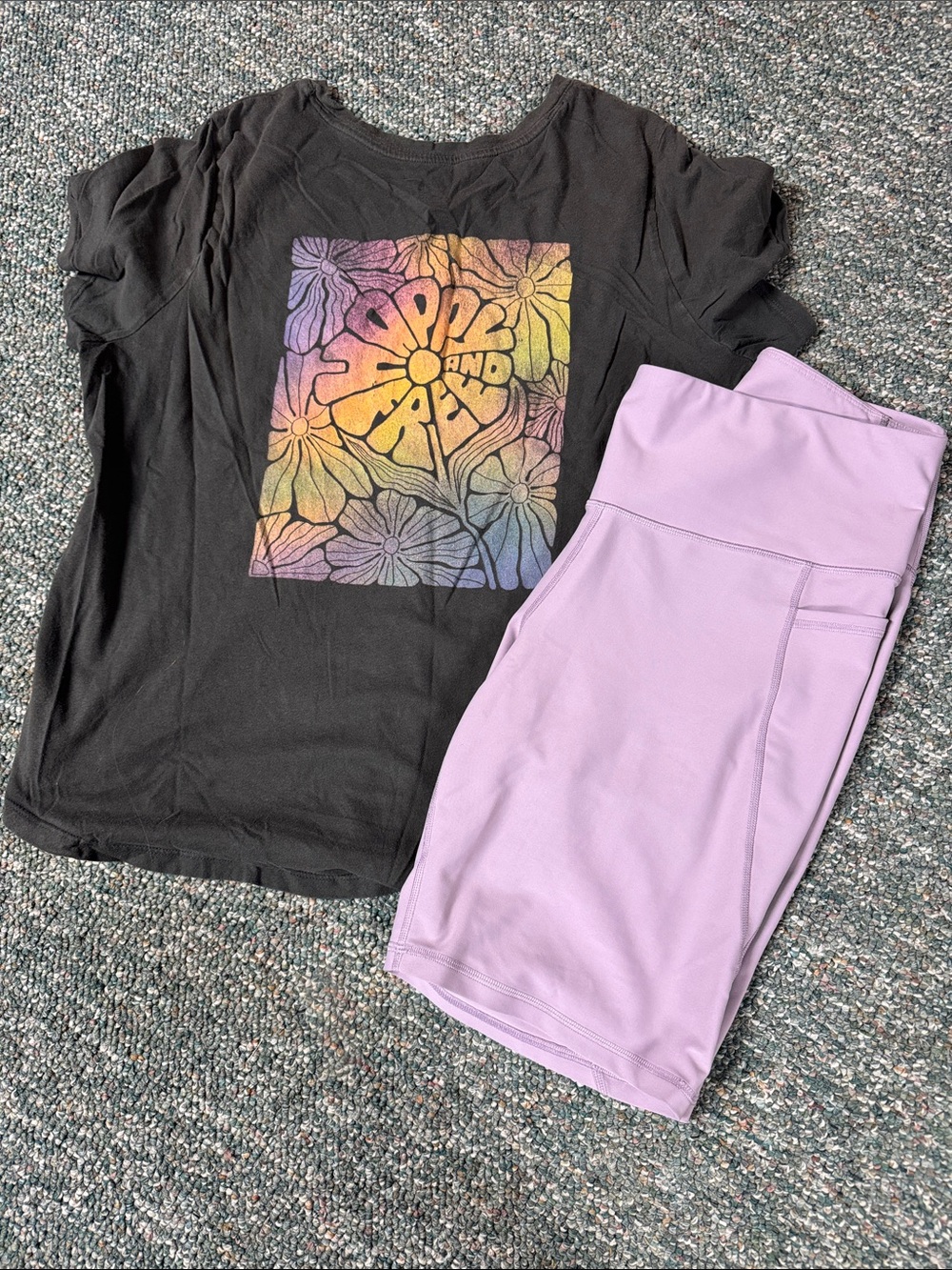 Old Navy “Happy and Free” graphic flowered T-shirt, light purple shorts